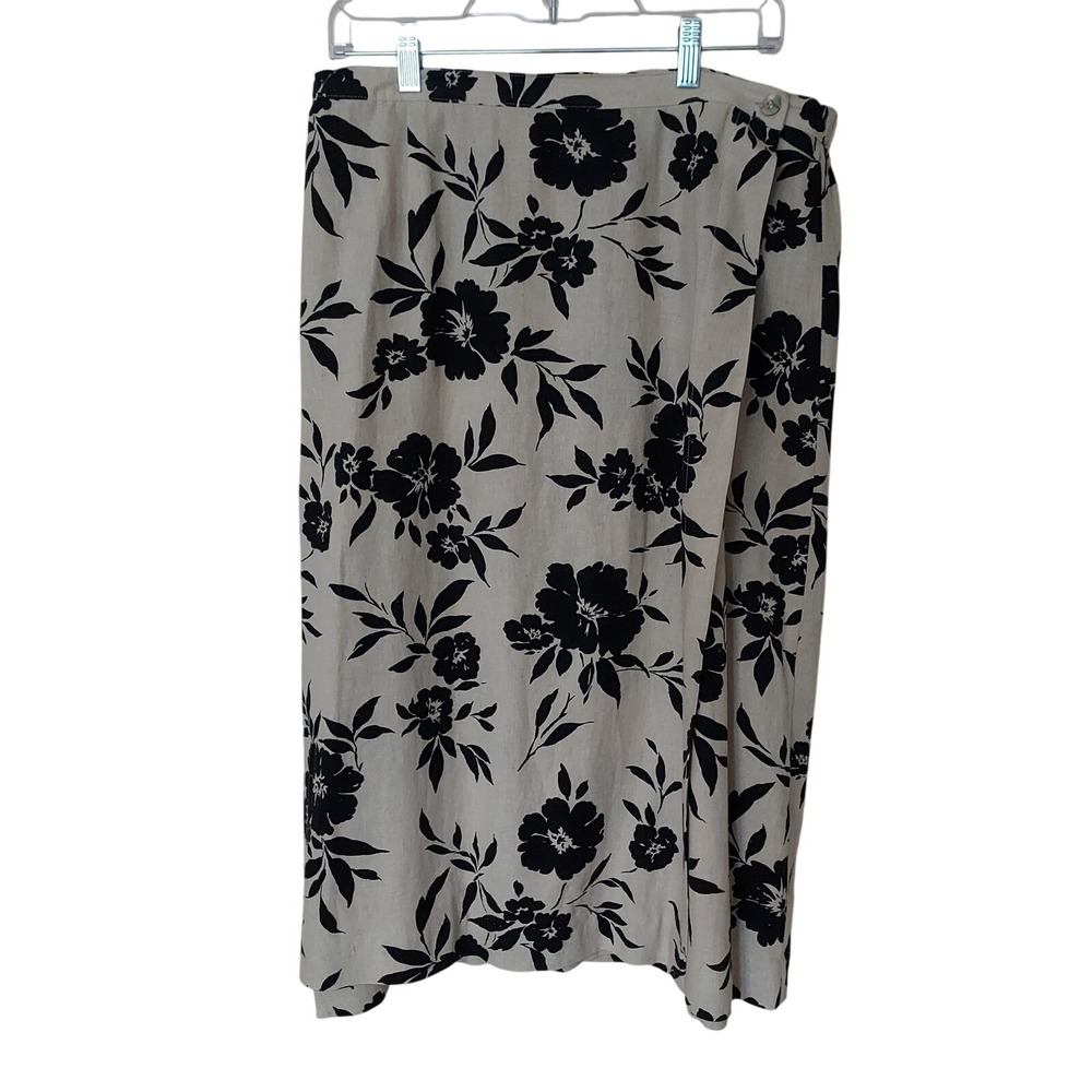 Jaclyn Smith Classic Womens XL Linen Blend Floral Maxi Skirt Beige Black